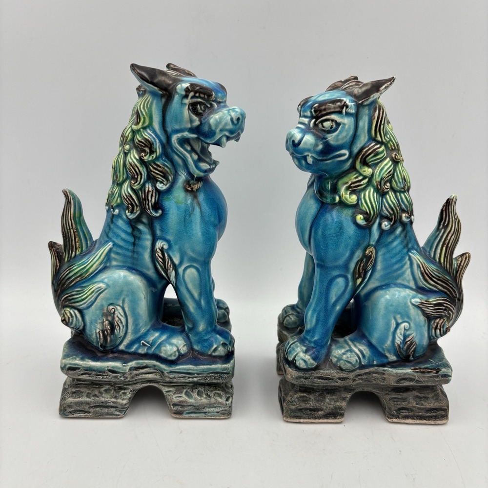 Vintage 7.5" Foo Dogs Guardian Lions Pair Turquoise Glazed Ceramic – Mid Century